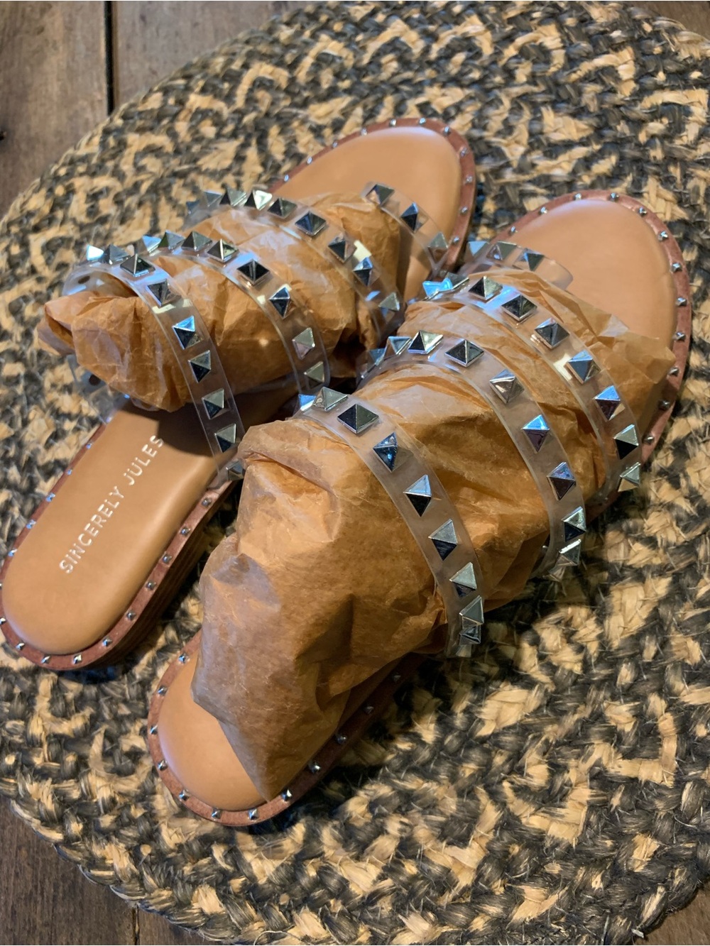 Sincerly Jules Tabbi Metallic Studded Multi-Strap Slide Sandals - Picture 4 of 13